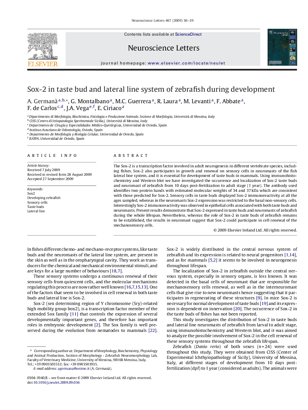 Sox-2 in taste bud and lateral line system of zebrafish during development