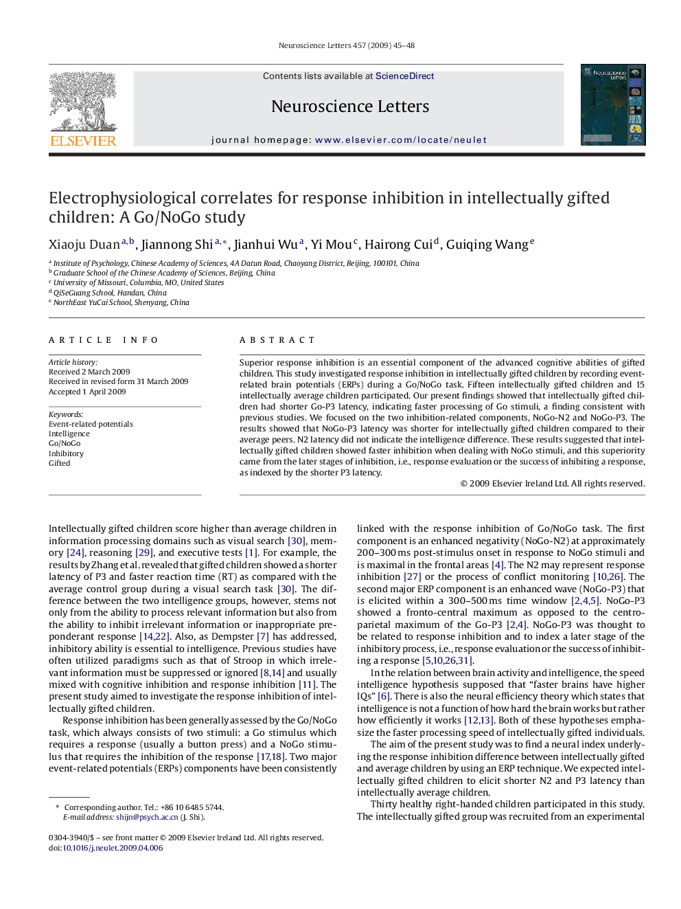 Electrophysiological correlates for response inhibition in intellectually gifted children: A Go/NoGo study