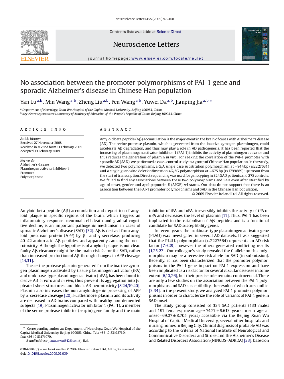 No association between the promoter polymorphisms of PAI-1 gene and sporadic Alzheimer's disease in Chinese Han population