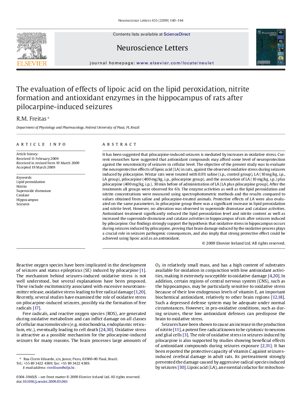 The evaluation of effects of lipoic acid on the lipid peroxidation, nitrite formation and antioxidant enzymes in the hippocampus of rats after pilocarpine-induced seizures