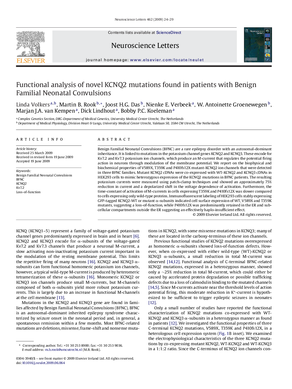 Functional analysis of novel KCNQ2 mutations found in patients with Benign Familial Neonatal Convulsions