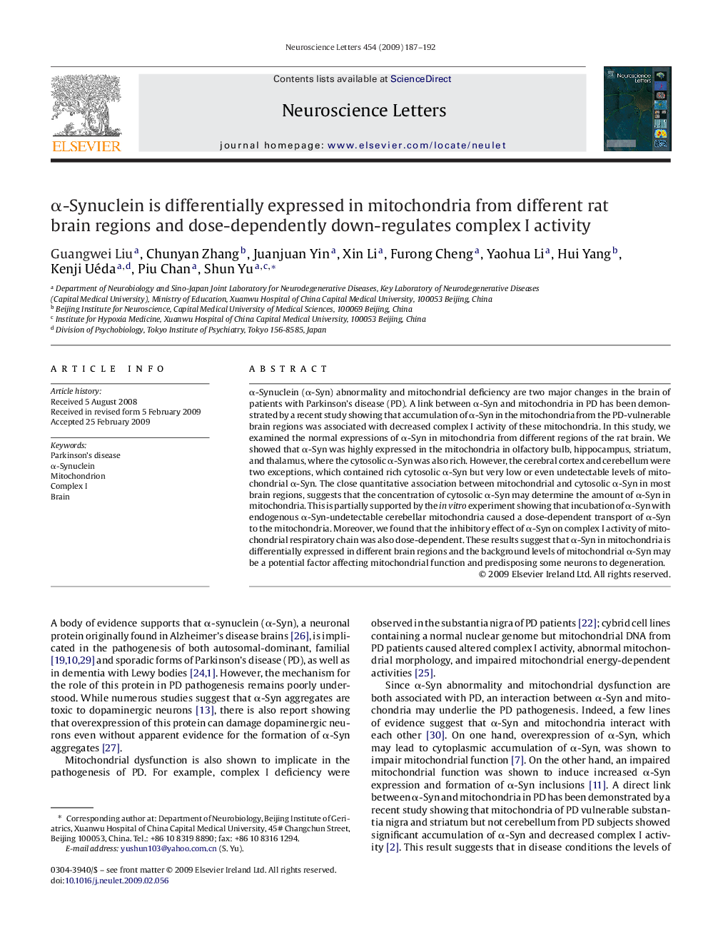 Î±-Synuclein is differentially expressed in mitochondria from different rat brain regions and dose-dependently down-regulates complex I activity