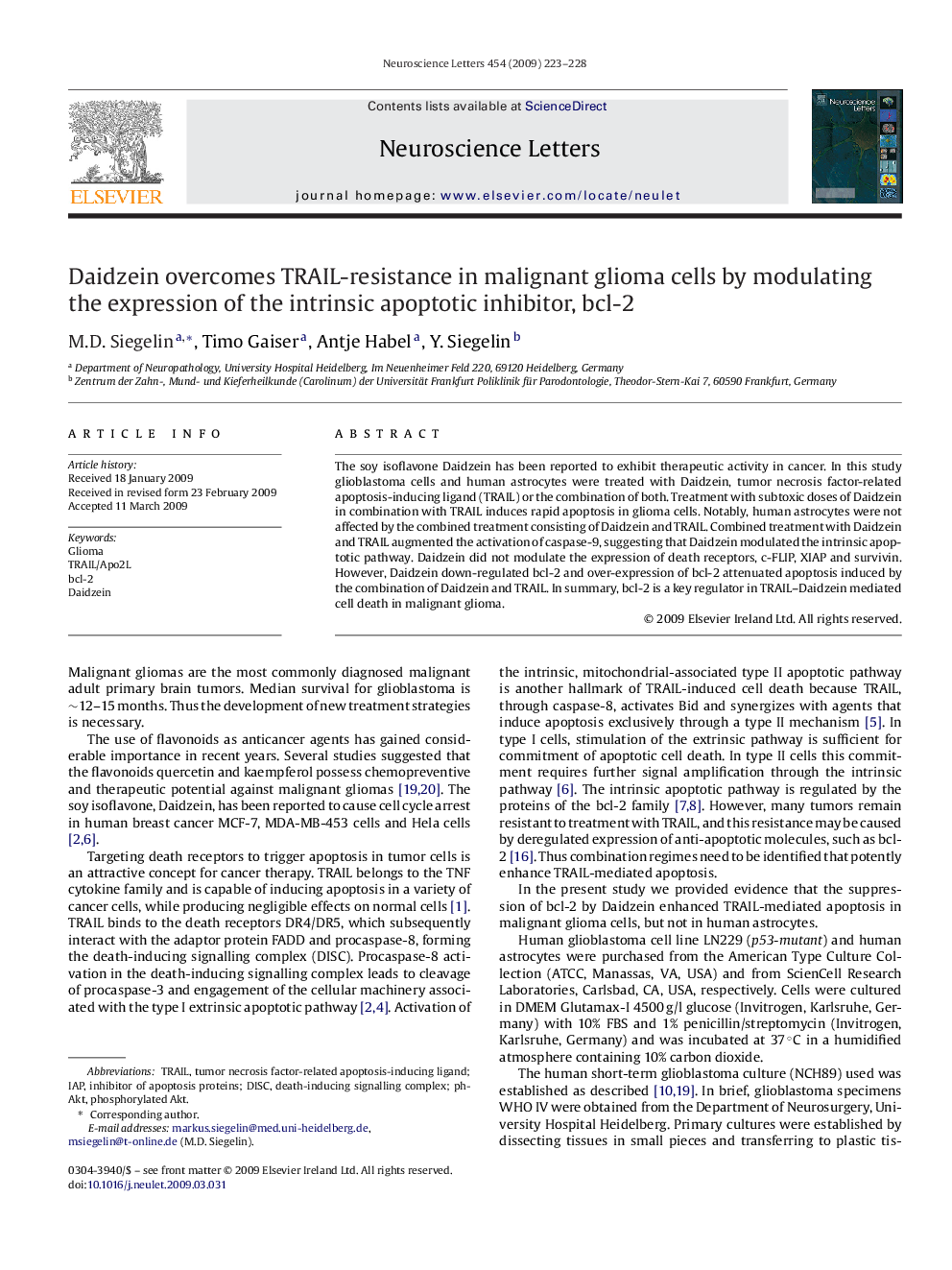 Daidzein overcomes TRAIL-resistance in malignant glioma cells by modulating the expression of the intrinsic apoptotic inhibitor, bcl-2