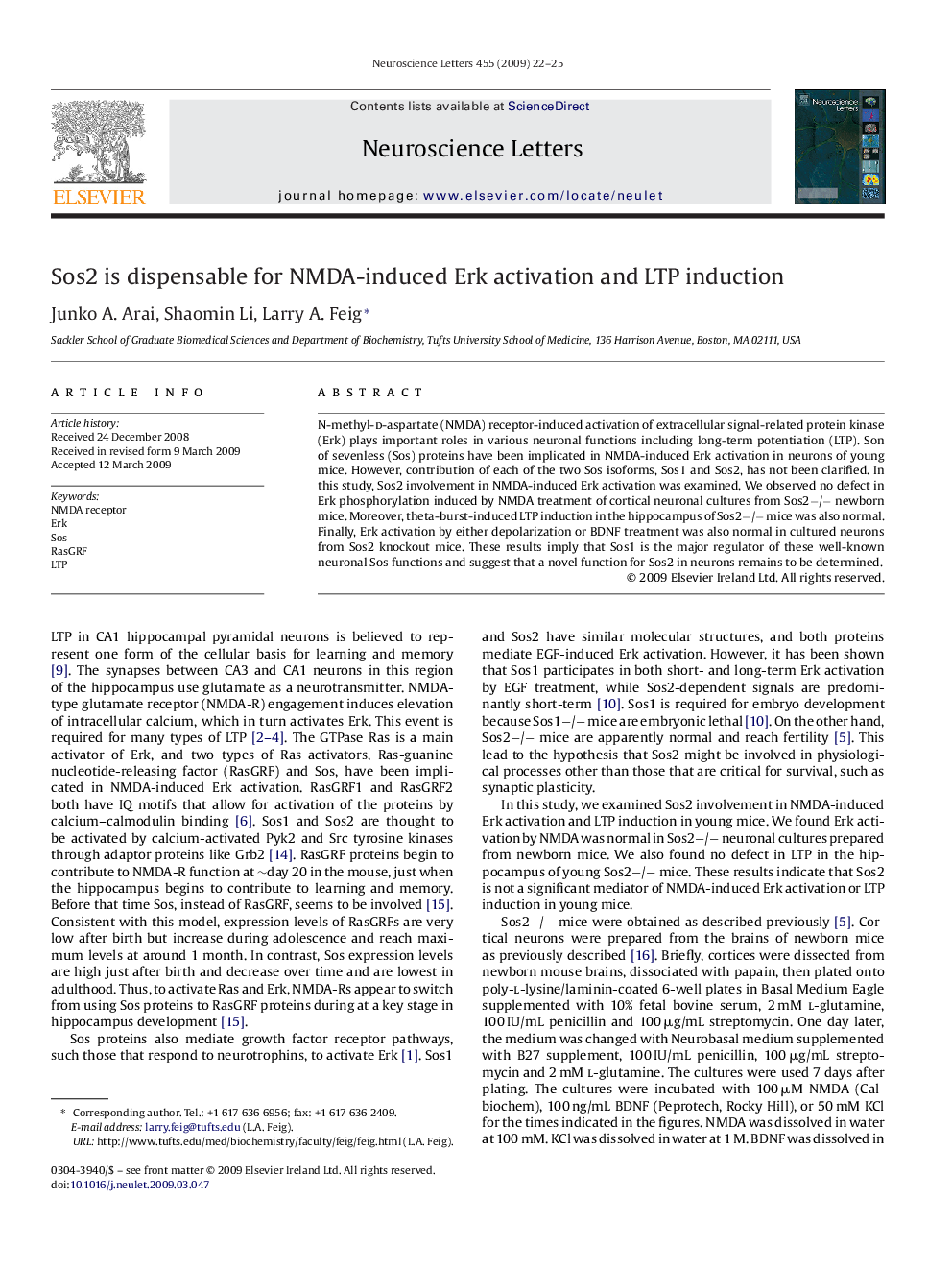 Sos2 is dispensable for NMDA-induced Erk activation and LTP induction