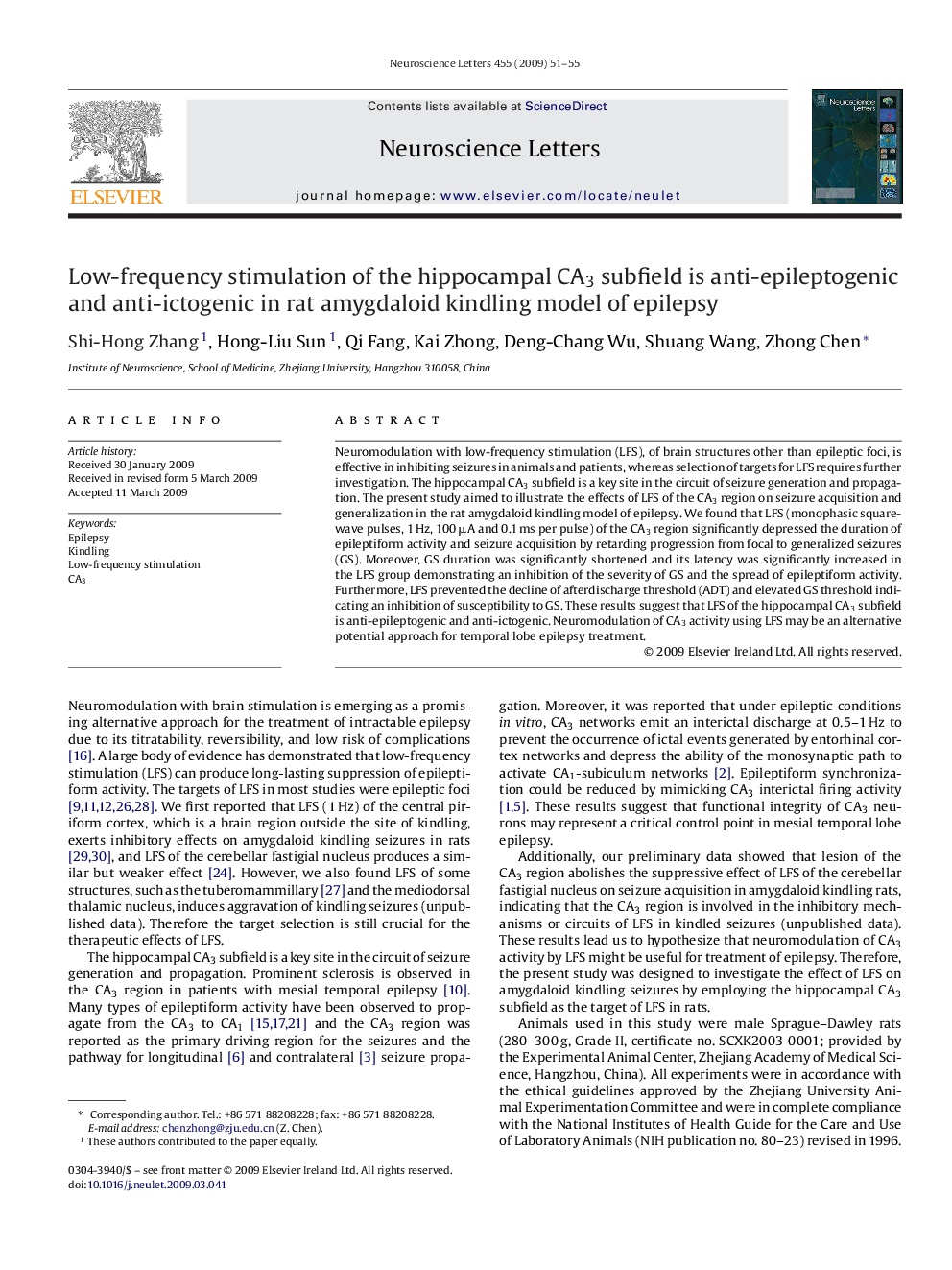 Low-frequency stimulation of the hippocampal CA3 subfield is anti-epileptogenic and anti-ictogenic in rat amygdaloid kindling model of epilepsy