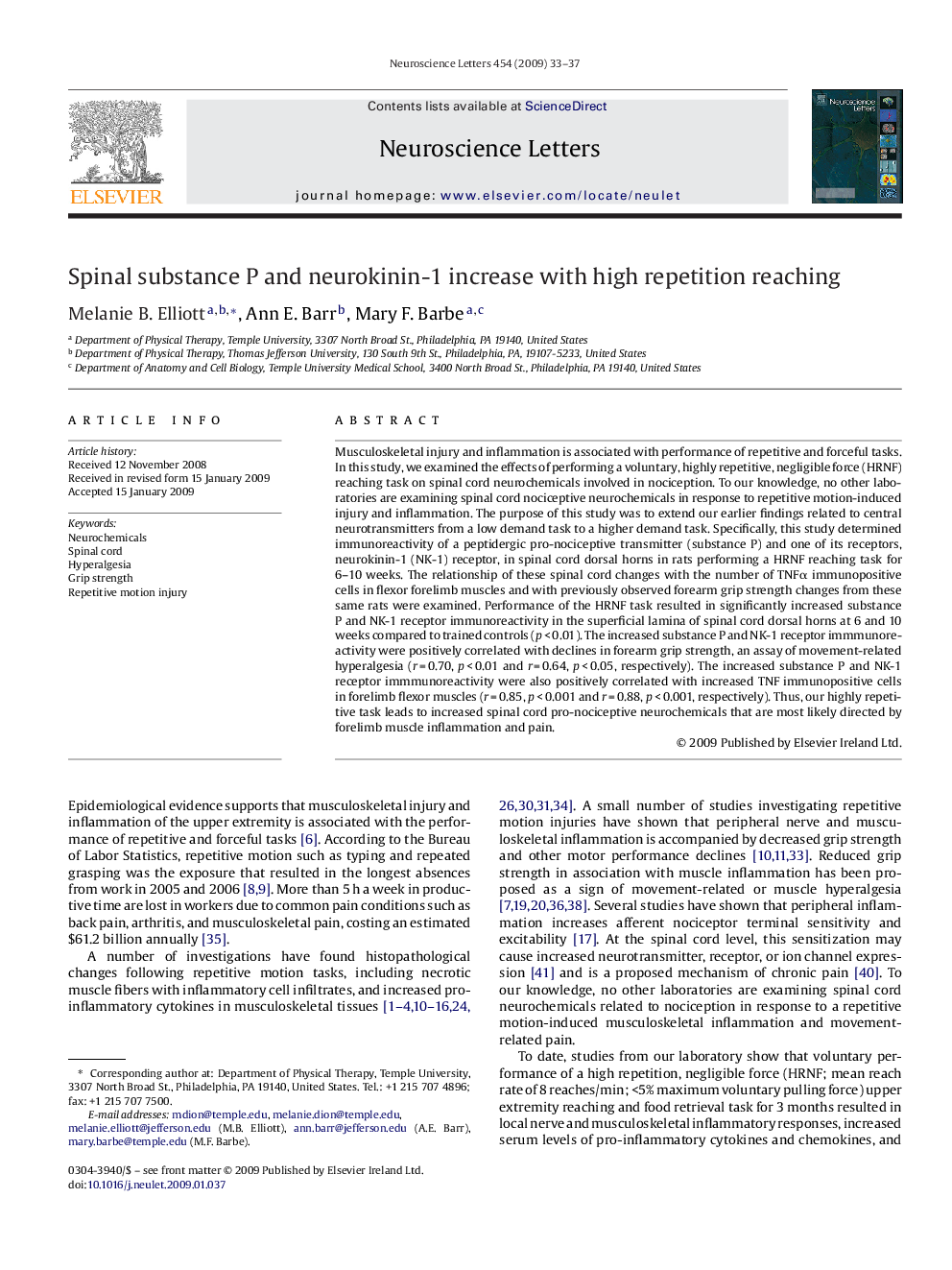 Spinal substance P and neurokinin-1 increase with high repetition reaching