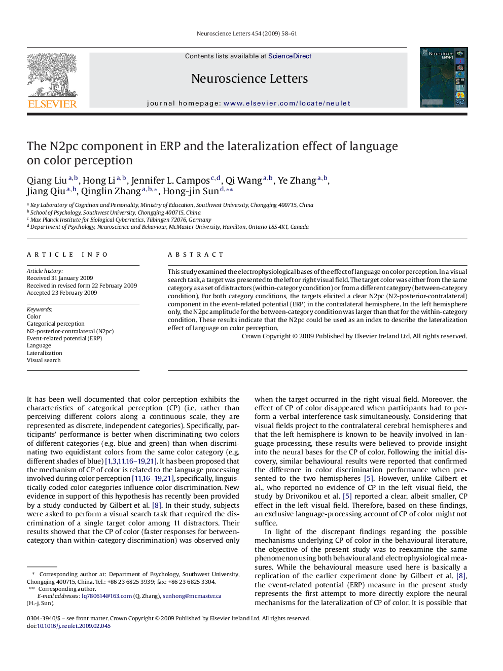 The N2pc component in ERP and the lateralization effect of language on color perception