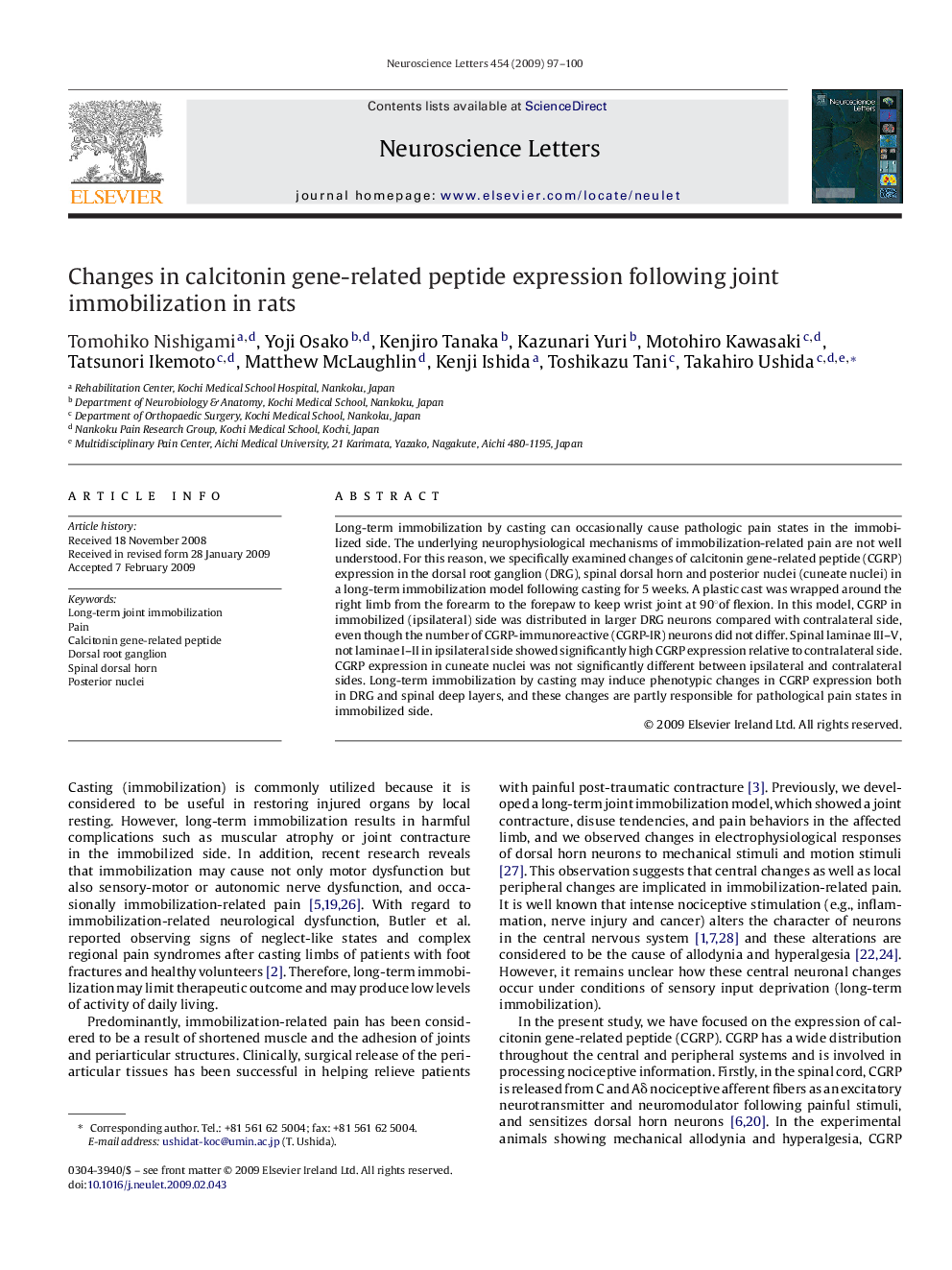 Changes in calcitonin gene-related peptide expression following joint immobilization in rats