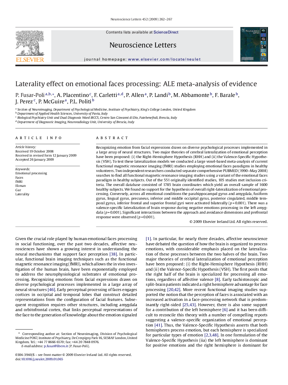 Laterality effect on emotional faces processing: ALE meta-analysis of evidence