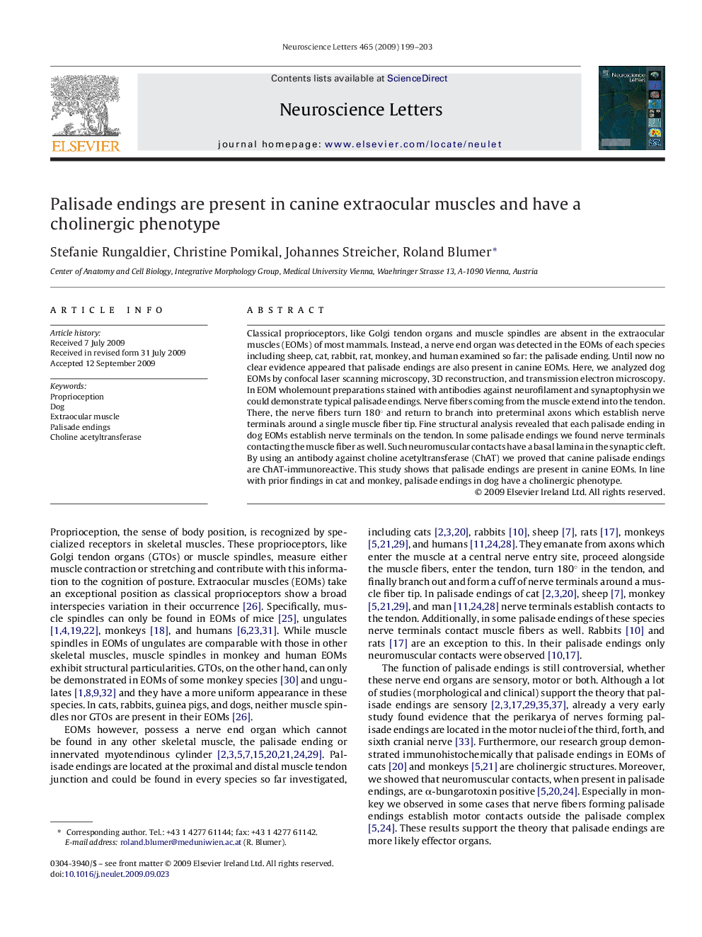 Palisade endings are present in canine extraocular muscles and have a cholinergic phenotype