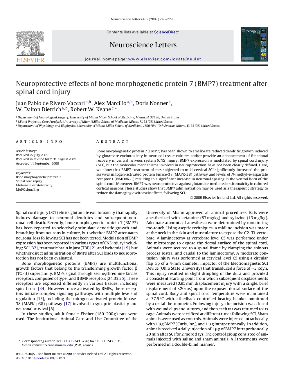 Neuroprotective effects of bone morphogenetic protein 7 (BMP7) treatment after spinal cord injury