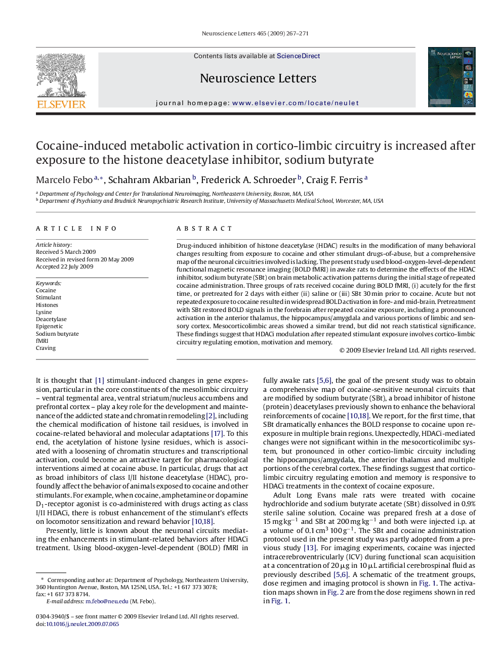 Cocaine-induced metabolic activation in cortico-limbic circuitry is increased after exposure to the histone deacetylase inhibitor, sodium butyrate