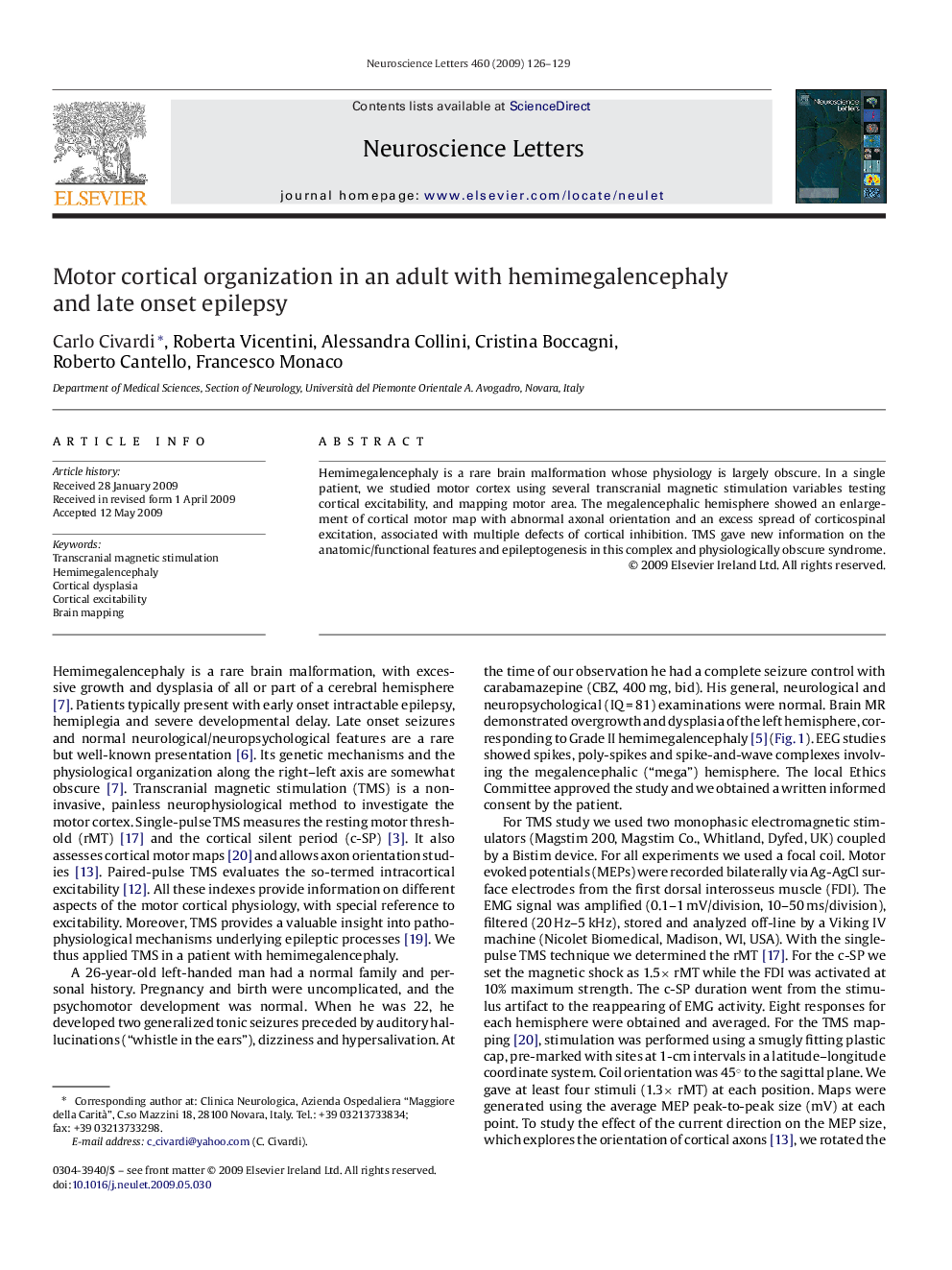 Motor cortical organization in an adult with hemimegalencephaly and late onset epilepsy