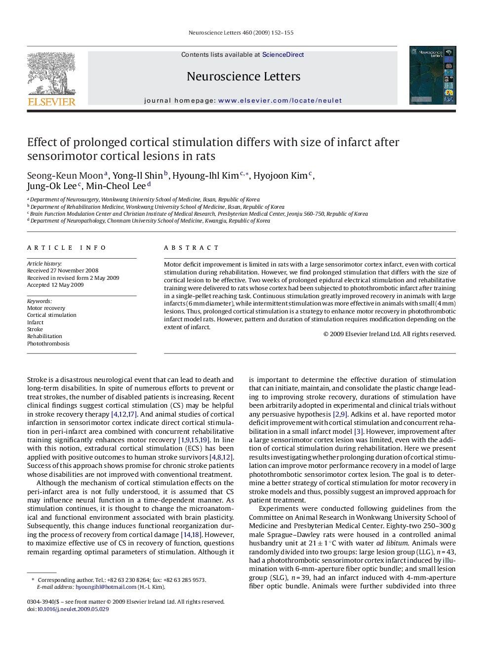 Effect of prolonged cortical stimulation differs with size of infarct after sensorimotor cortical lesions in rats