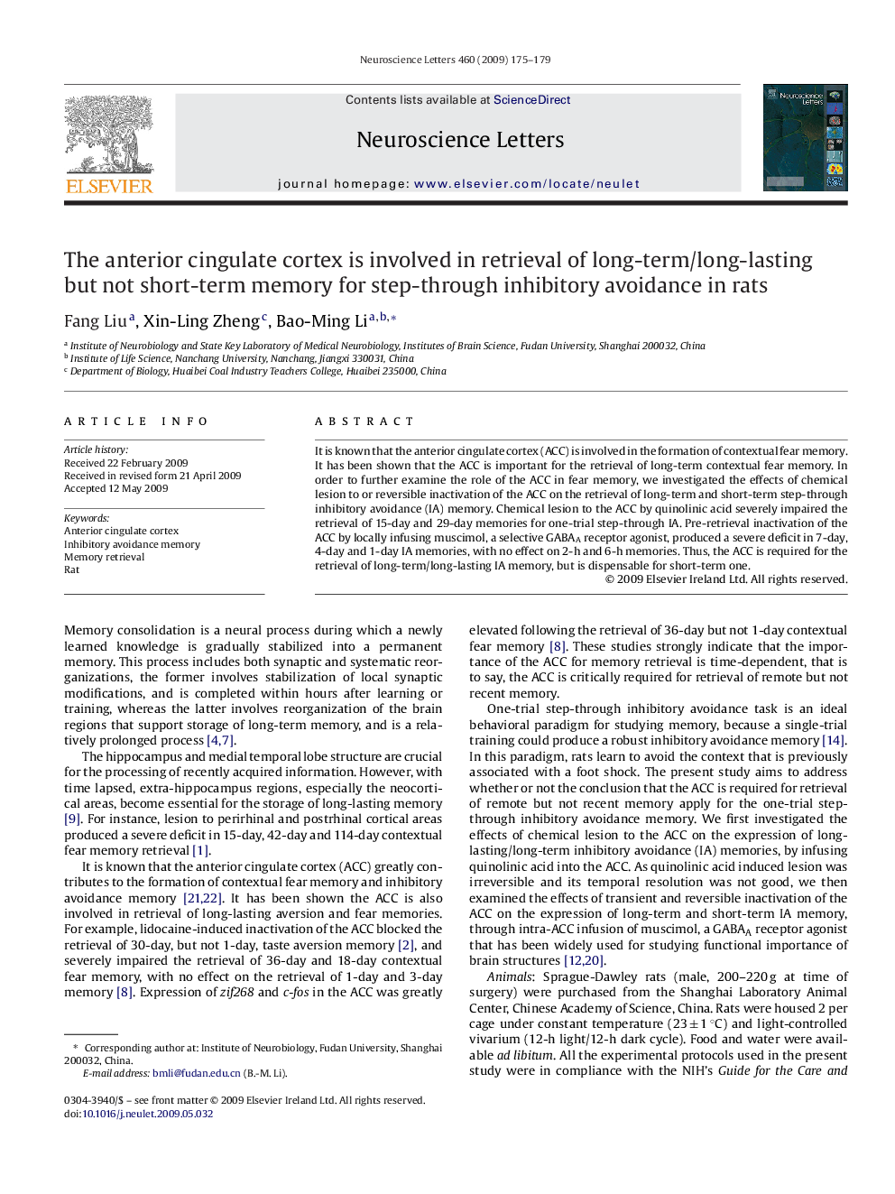 The anterior cingulate cortex is involved in retrieval of long-term/long-lasting but not short-term memory for step-through inhibitory avoidance in rats