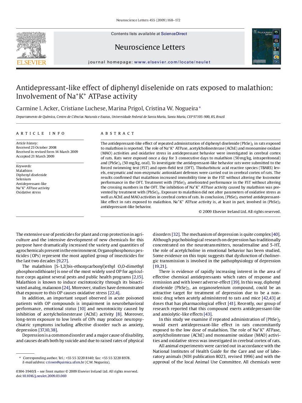 Antidepressant-like effect of diphenyl diselenide on rats exposed to malathion: Involvement of Na+K+ ATPase activity