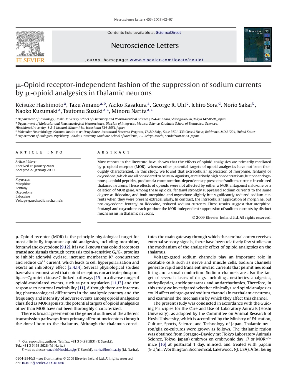 μ-Opioid receptor-independent fashion of the suppression of sodium currents by μ-opioid analgesics in thalamic neurons