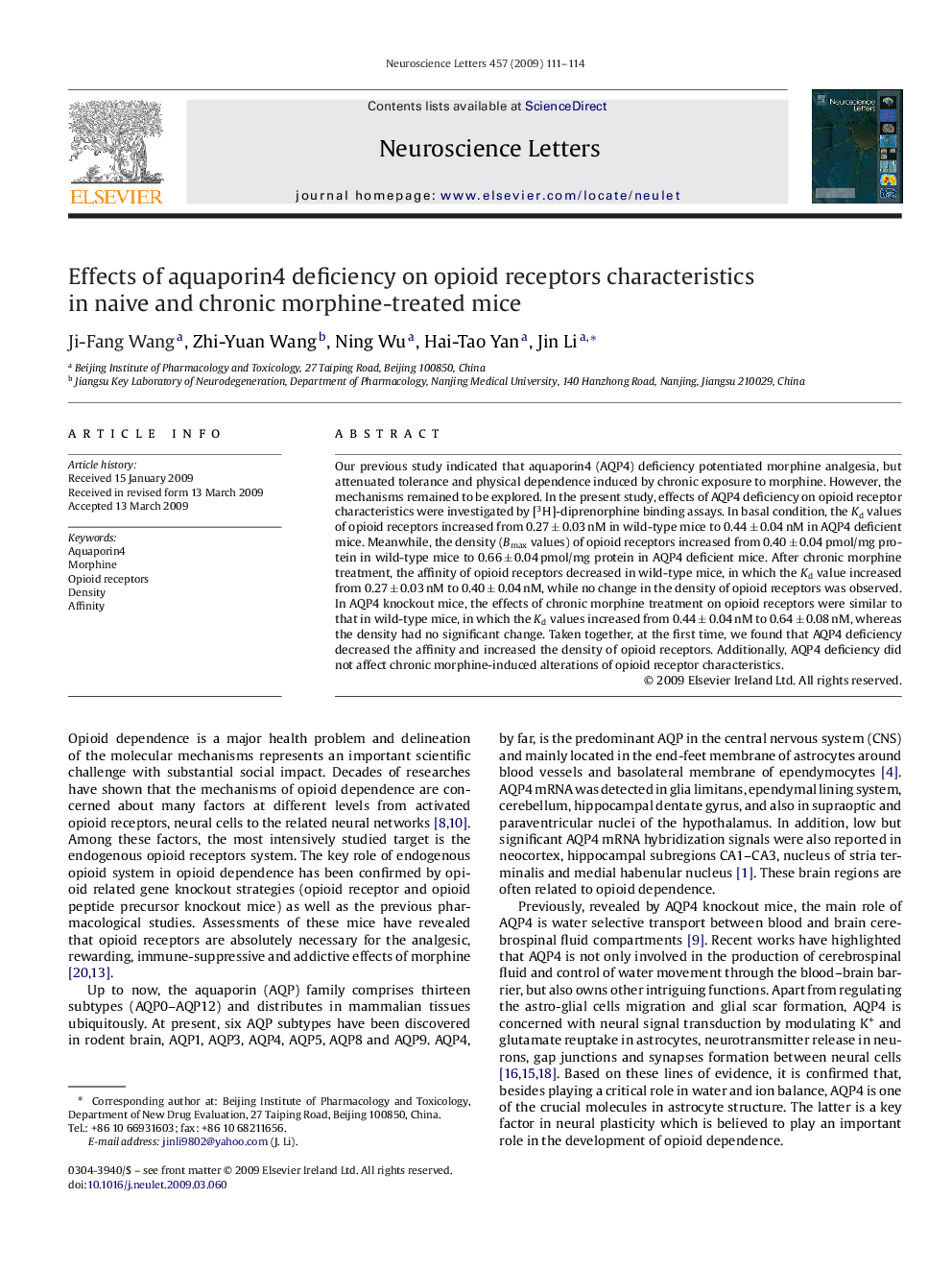 Effects of aquaporin4 deficiency on opioid receptors characteristics in naive and chronic morphine-treated mice