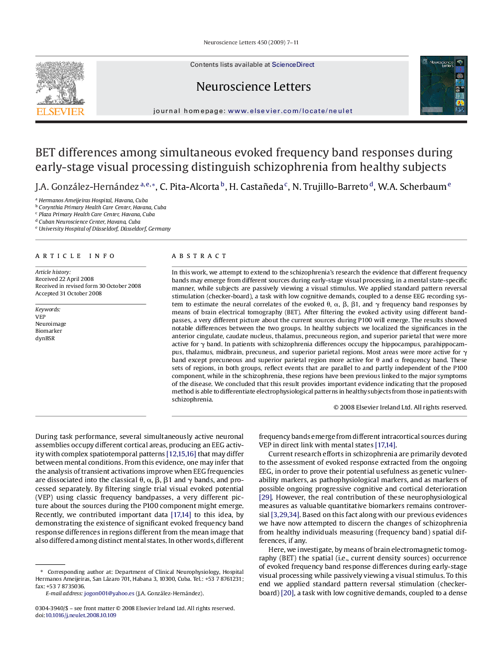 BET differences among simultaneous evoked frequency band responses during early-stage visual processing distinguish schizophrenia from healthy subjects