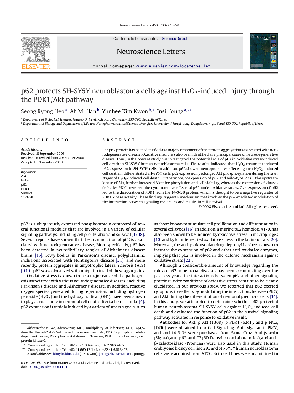 p62 protects SH-SY5Y neuroblastoma cells against H2O2-induced injury through the PDK1/Akt pathway