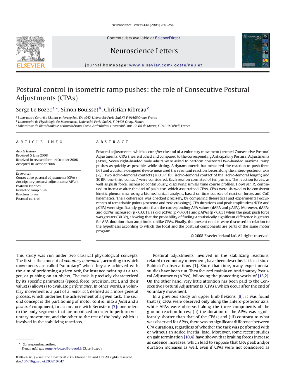 Postural control in isometric ramp pushes: the role of Consecutive Postural Adjustments (CPAs)