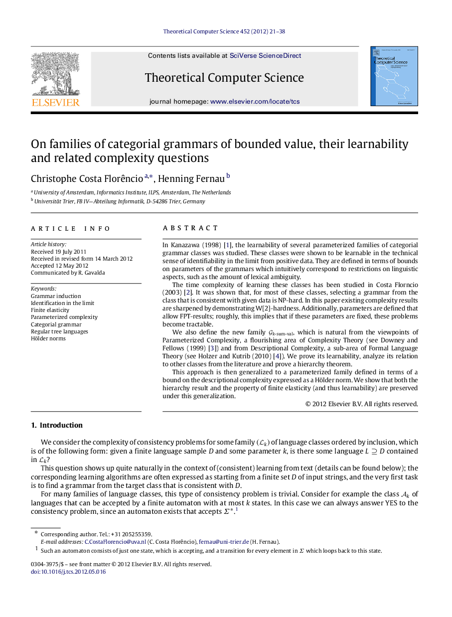 On families of categorial grammars of bounded value, their learnability and related complexity questions