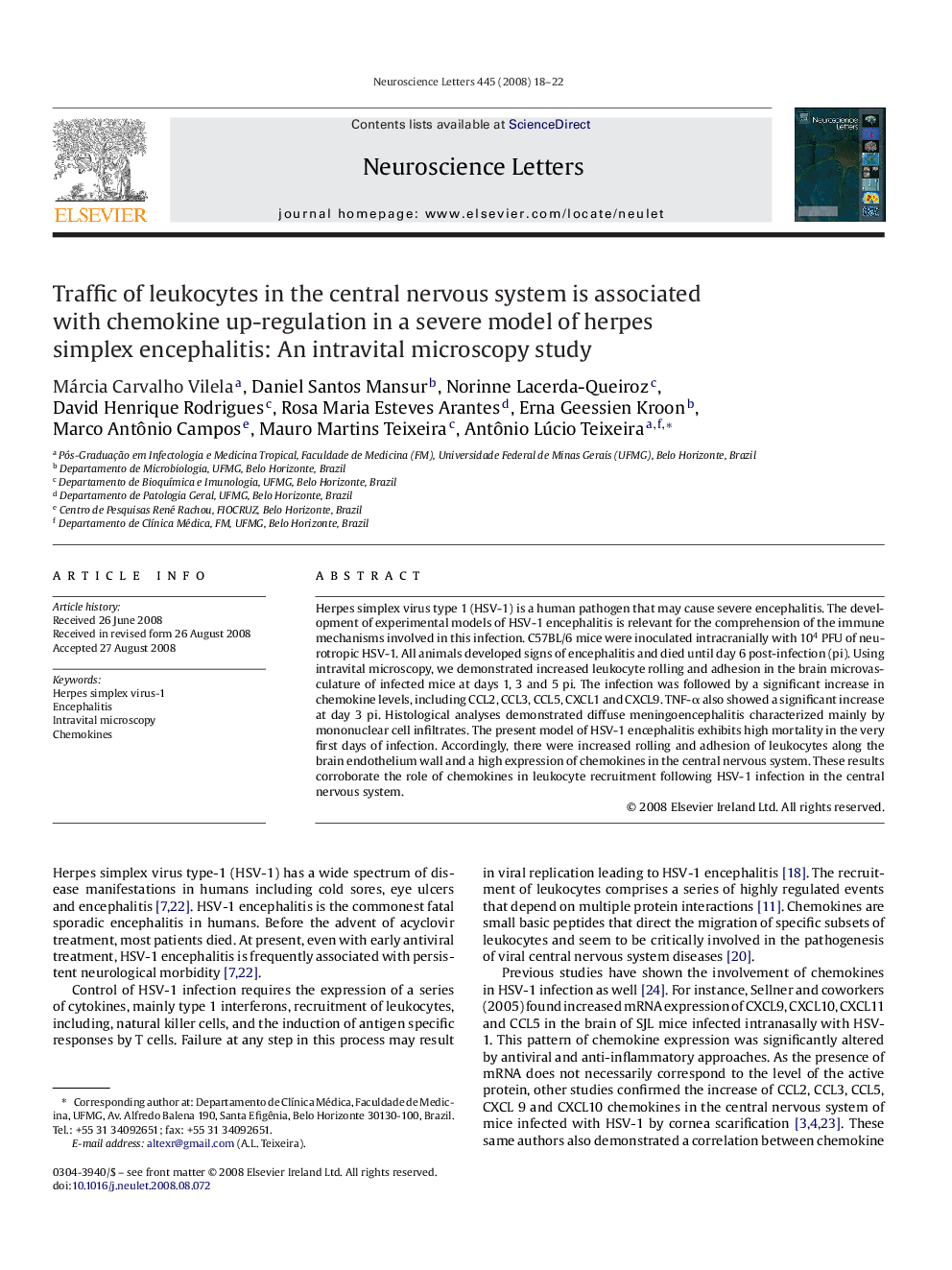 Traffic of leukocytes in the central nervous system is associated with chemokine up-regulation in a severe model of herpes simplex encephalitis: An intravital microscopy study