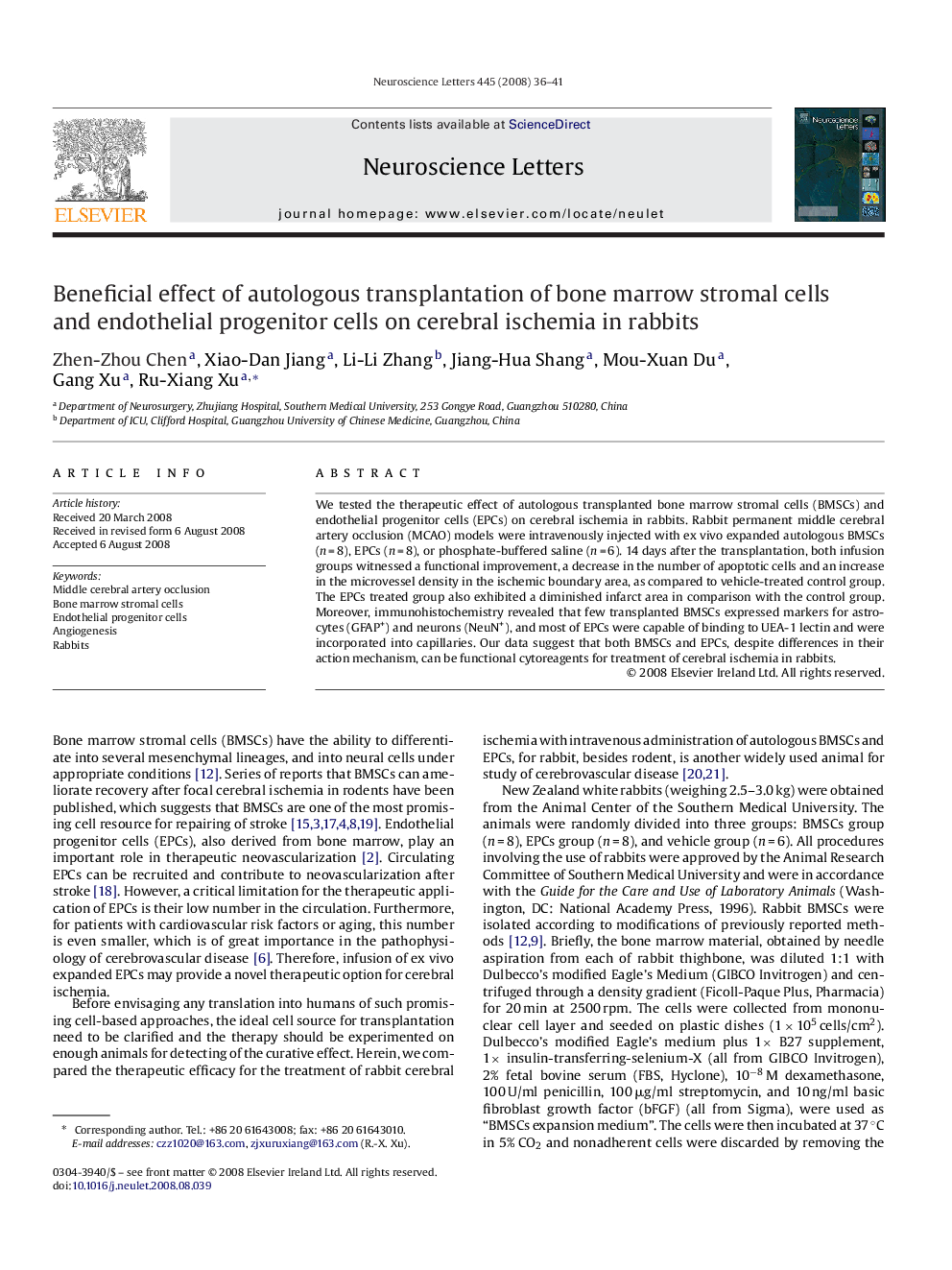 Beneficial effect of autologous transplantation of bone marrow stromal cells and endothelial progenitor cells on cerebral ischemia in rabbits