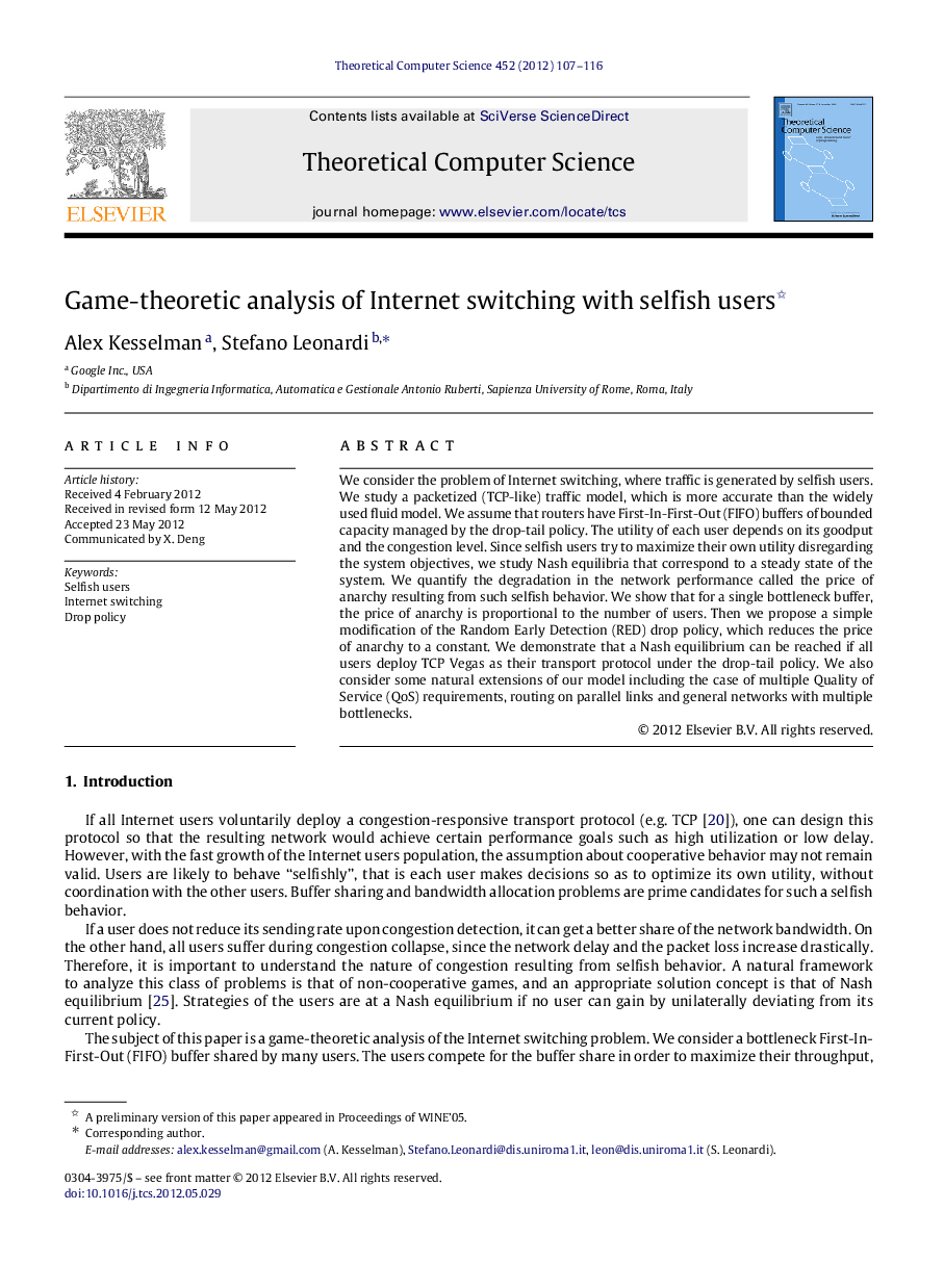 Game-theoretic analysis of Internet switching with selfish users 