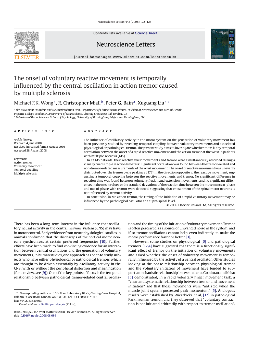 The onset of voluntary reactive movement is temporally influenced by the central oscillation in action tremor caused by multiple sclerosis