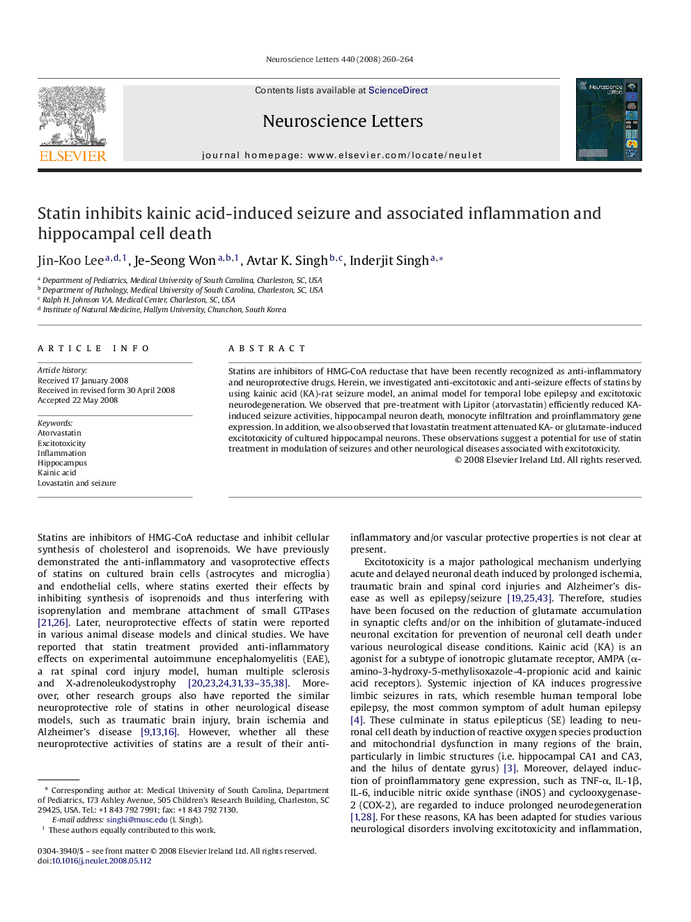 Statin inhibits kainic acid-induced seizure and associated inflammation and hippocampal cell death