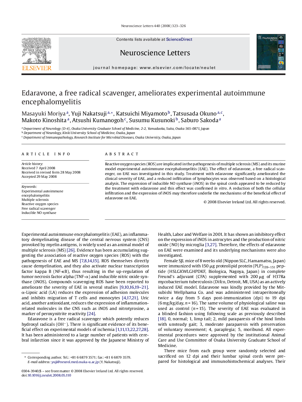 Edaravone, a free radical scavenger, ameliorates experimental autoimmune encephalomyelitis