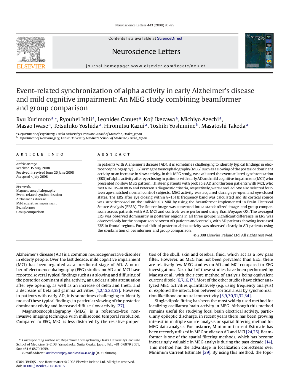 Event-related synchronization of alpha activity in early Alzheimer's disease and mild cognitive impairment: An MEG study combining beamformer and group comparison