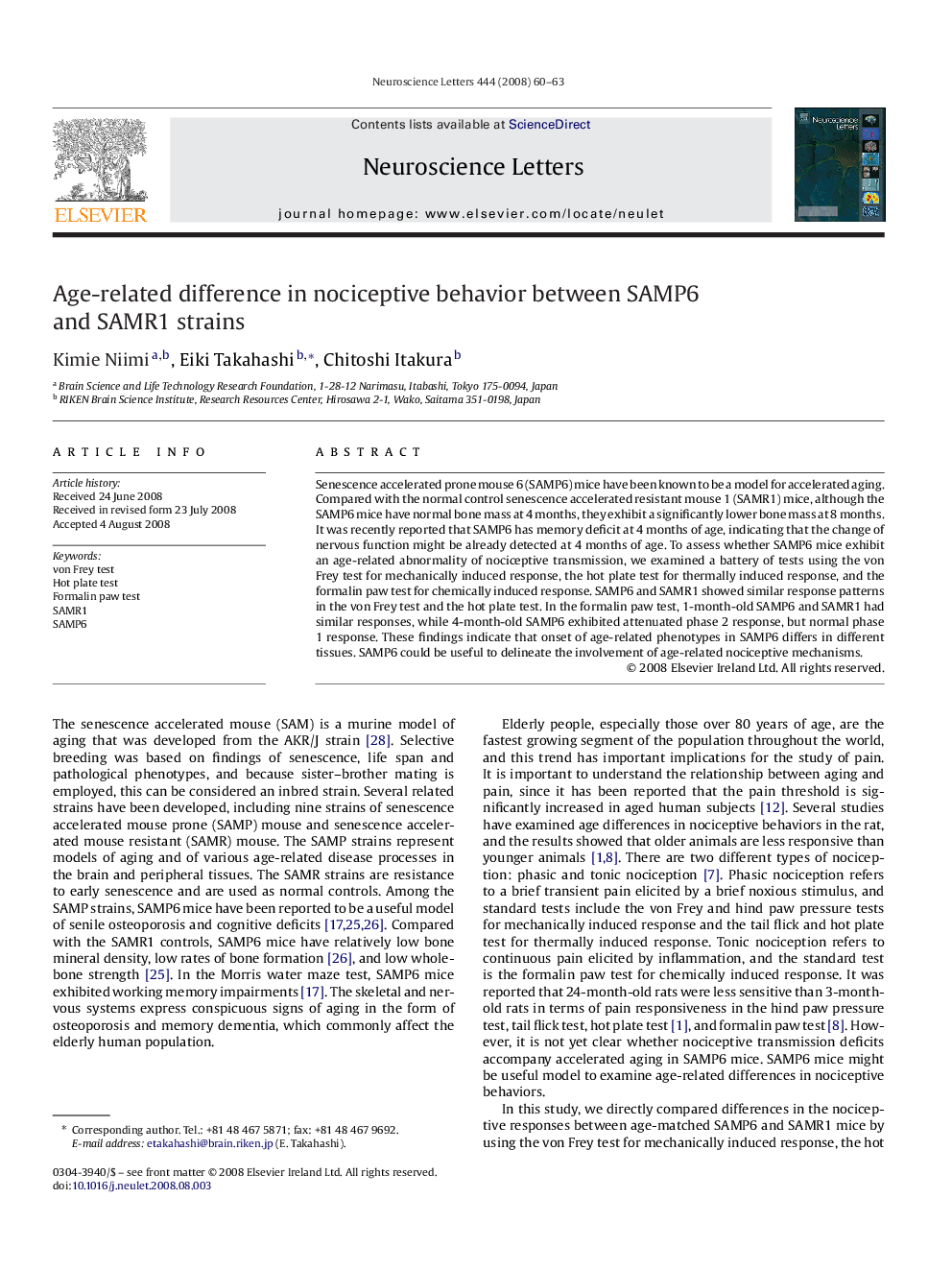 Age-related difference in nociceptive behavior between SAMP6 and SAMR1 strains