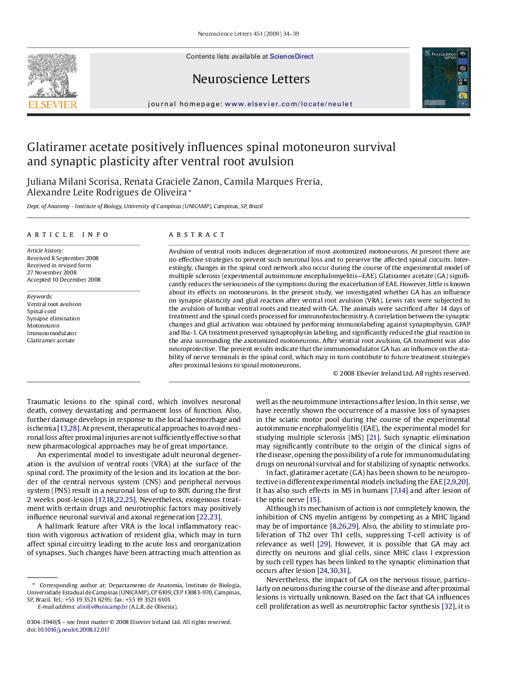 Glatiramer acetate positively influences spinal motoneuron survival and synaptic plasticity after ventral root avulsion