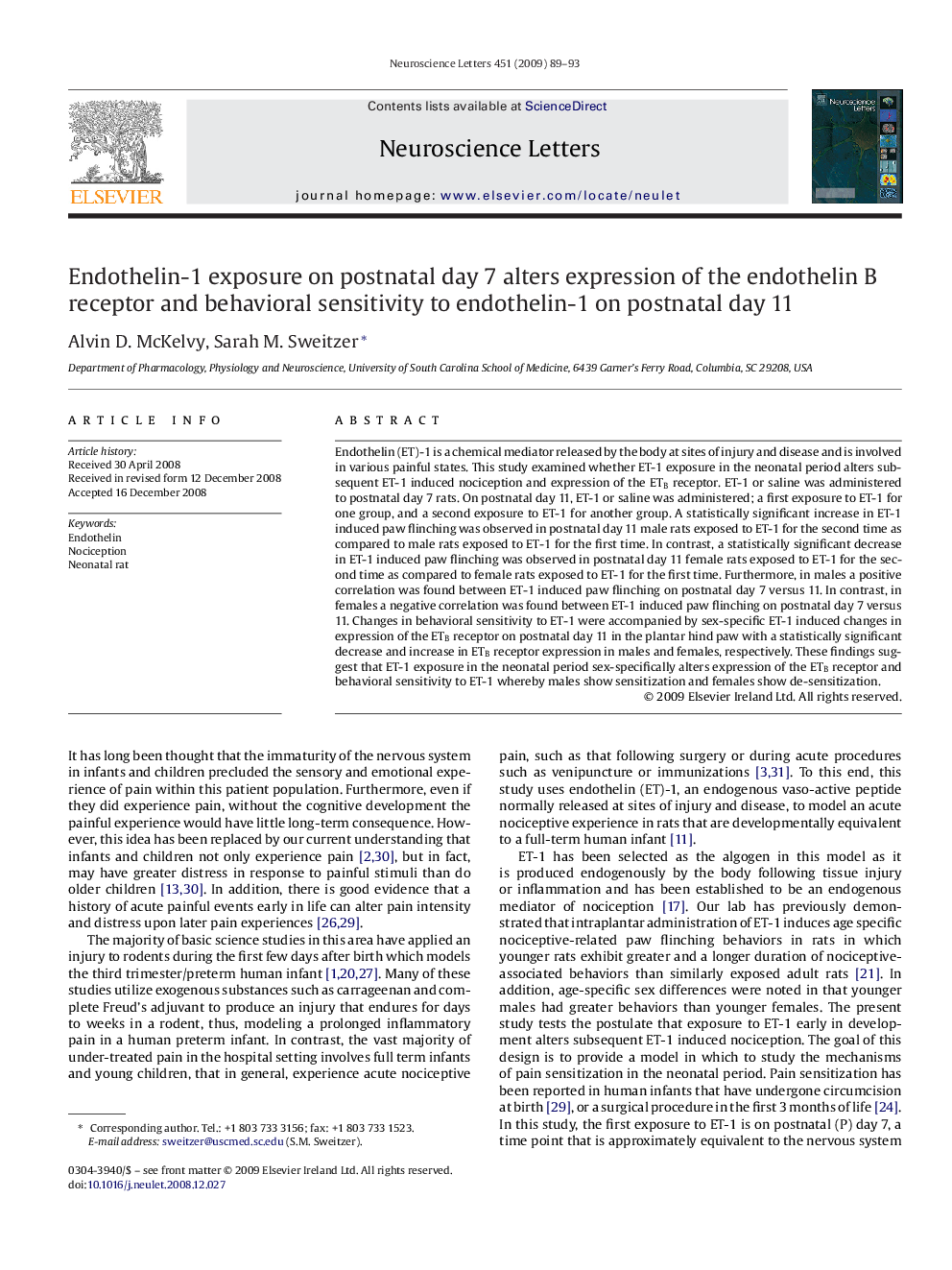 Endothelin-1 exposure on postnatal day 7 alters expression of the endothelin B receptor and behavioral sensitivity to endothelin-1 on postnatal day 11