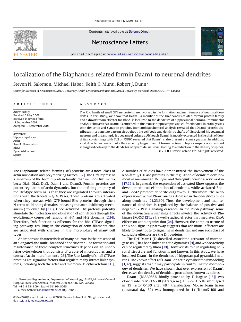 Localization of the Diaphanous-related formin Daam1 to neuronal dendrites