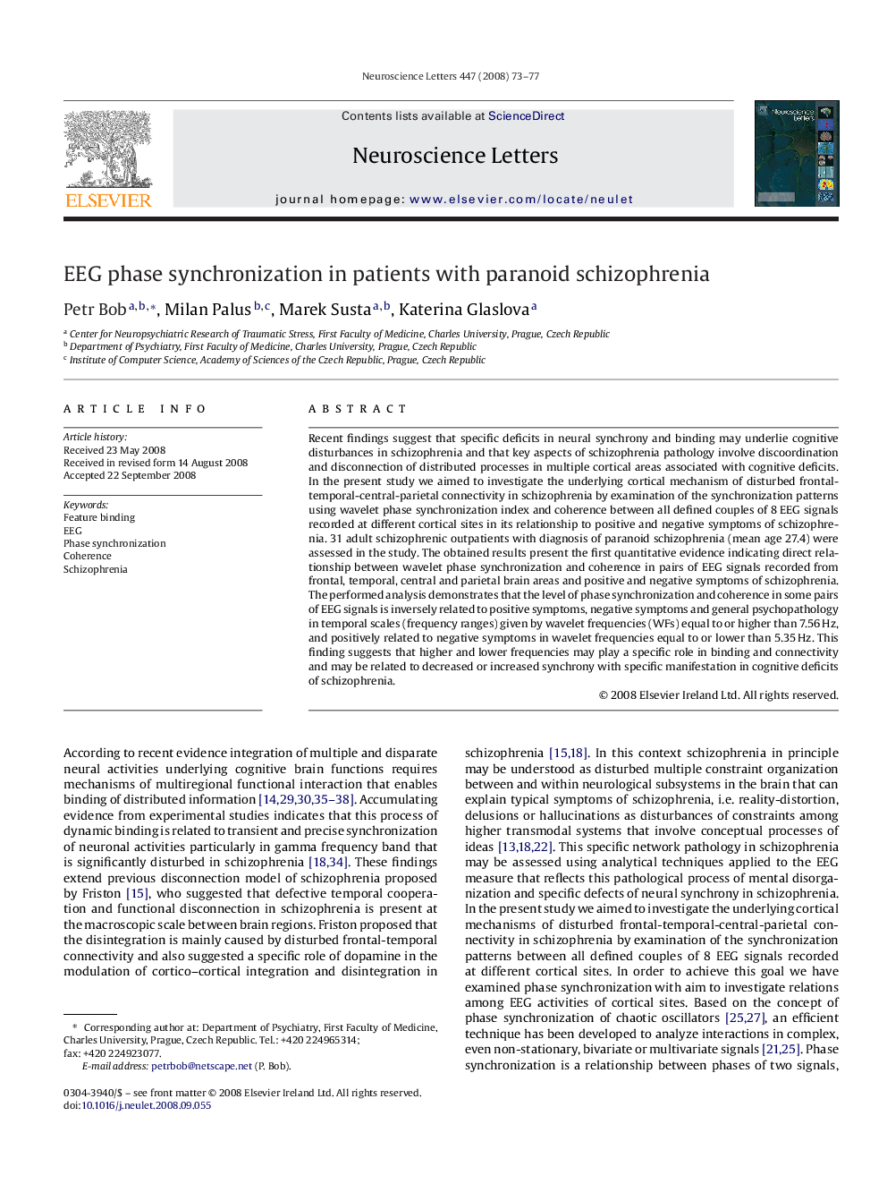 EEG phase synchronization in patients with paranoid schizophrenia