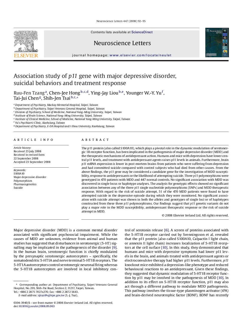 Association study of p11 gene with major depressive disorder, suicidal behaviors and treatment response