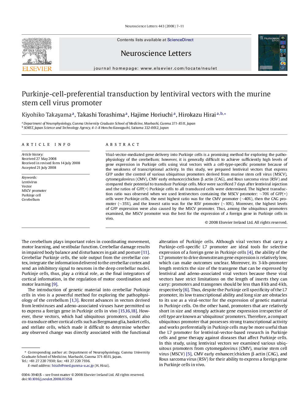 Purkinje-cell-preferential transduction by lentiviral vectors with the murine stem cell virus promoter