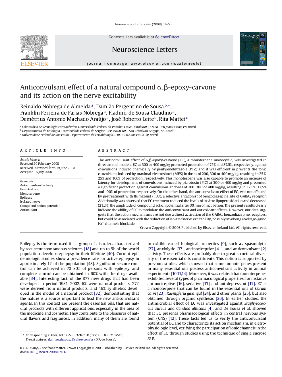 Anticonvulsant effect of a natural compound α,β-epoxy-carvone and its action on the nerve excitability