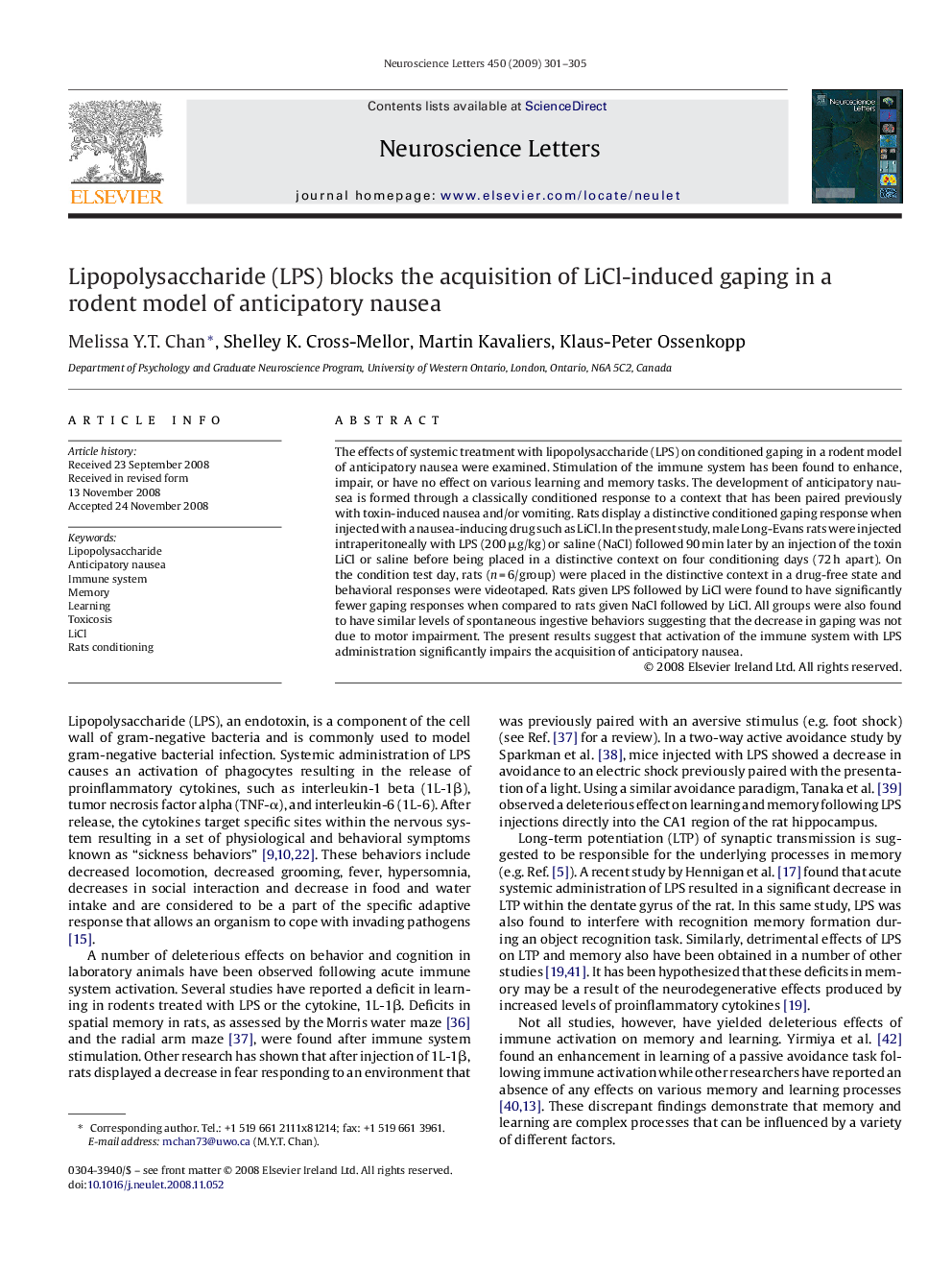 Lipopolysaccharide (LPS) blocks the acquisition of LiCl-induced gaping in a rodent model of anticipatory nausea