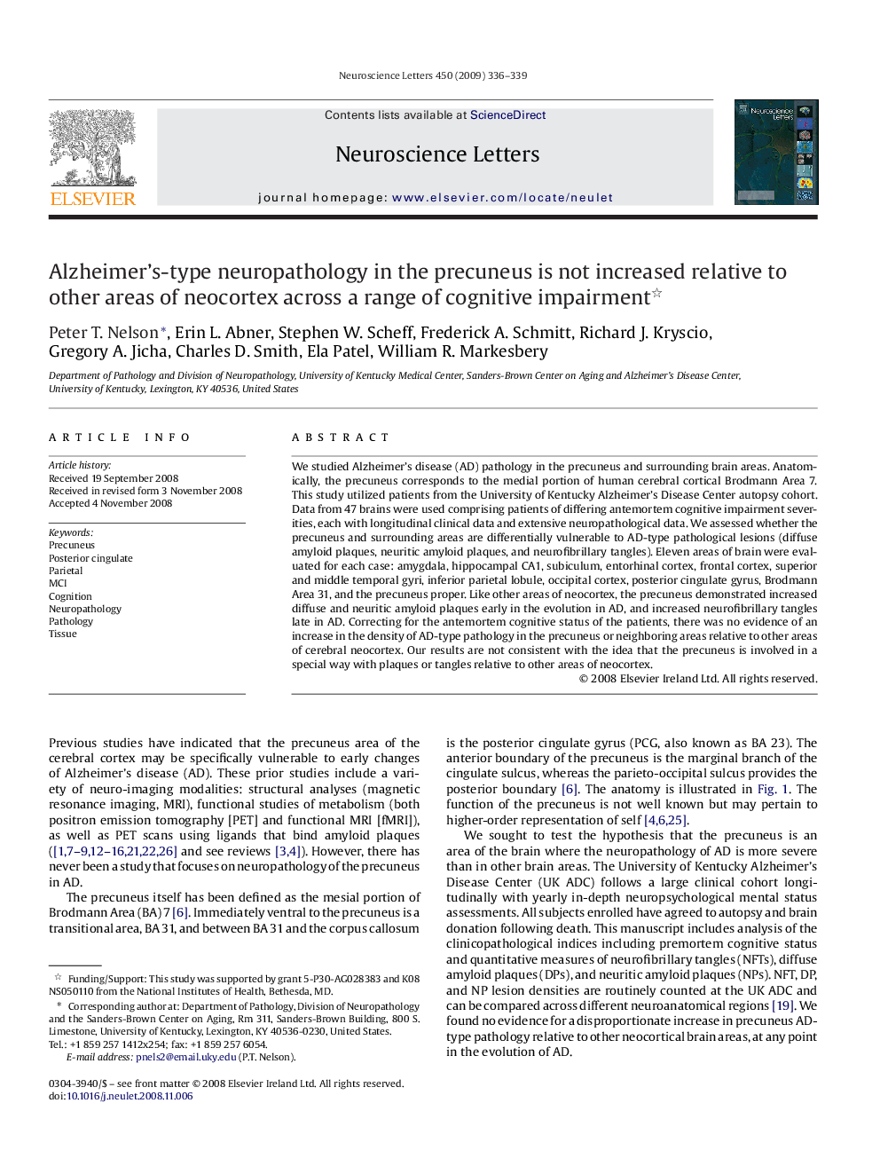 Alzheimer's-type neuropathology in the precuneus is not increased relative to other areas of neocortex across a range of cognitive impairment 