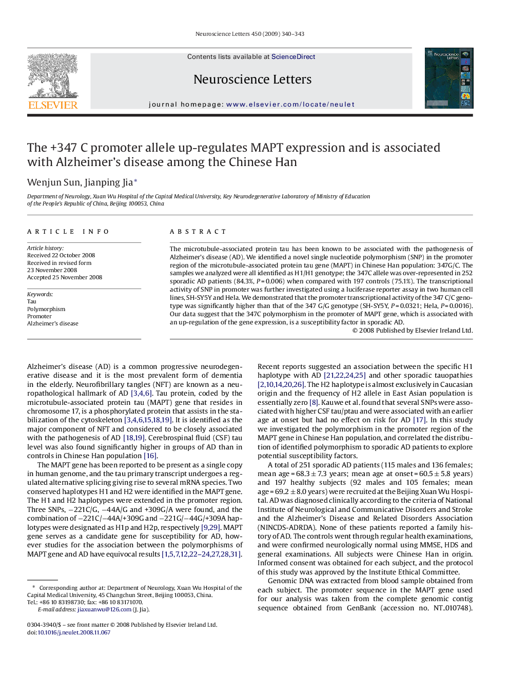 The +347 C promoter allele up-regulates MAPT expression and is associated with Alzheimer's disease among the Chinese Han