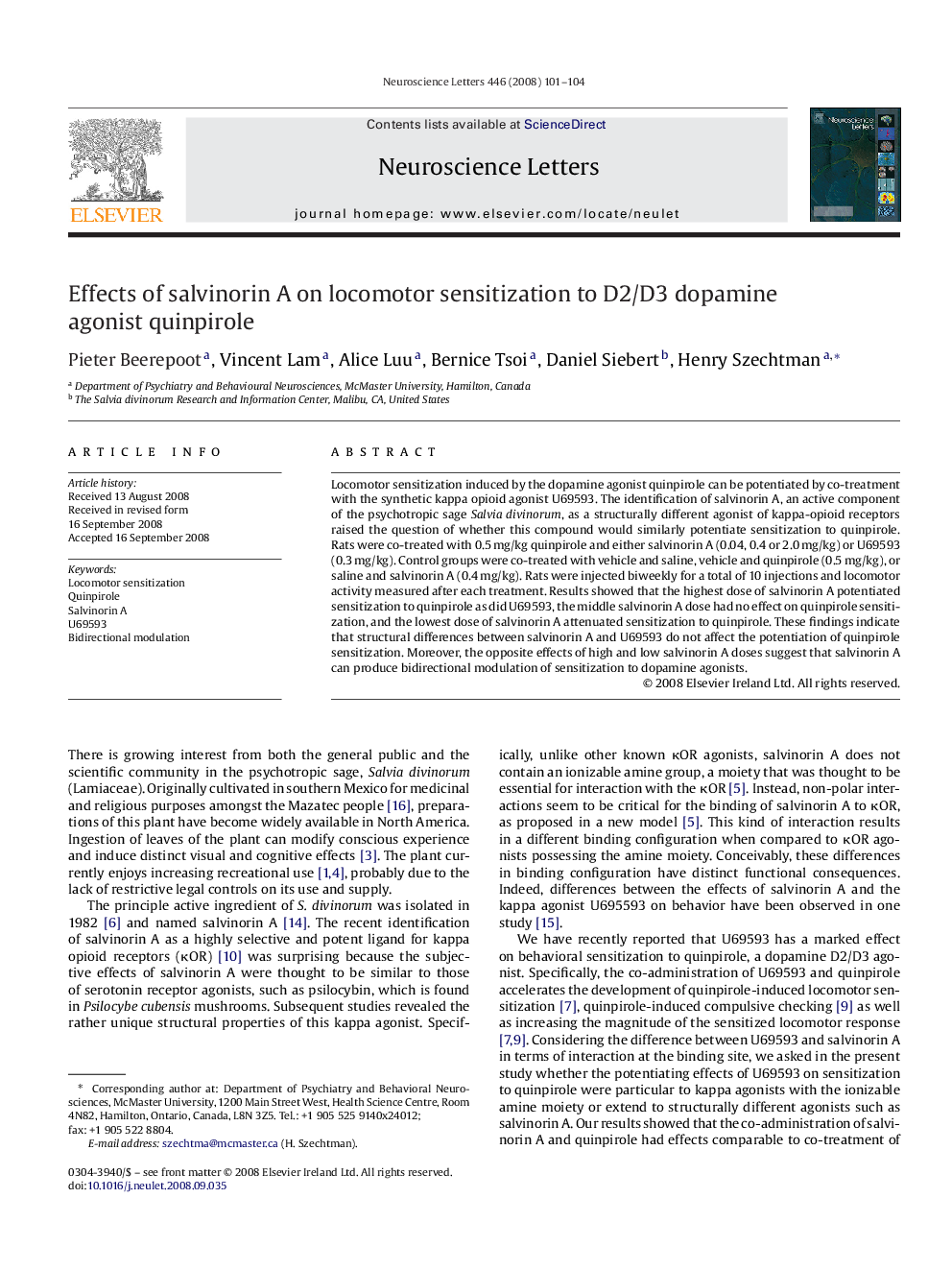 Effects of salvinorin A on locomotor sensitization to D2/D3 dopamine agonist quinpirole