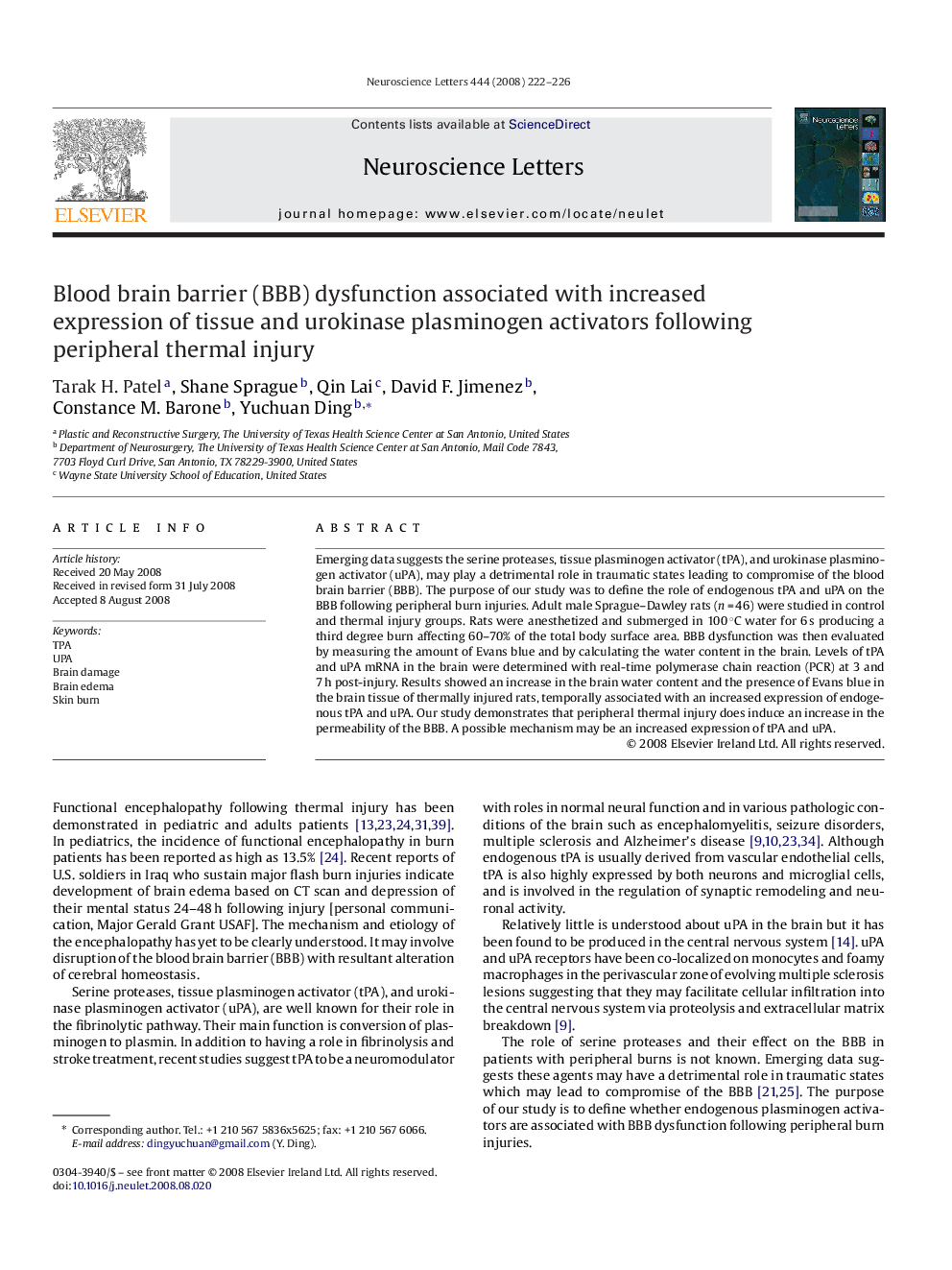 Blood brain barrier (BBB) dysfunction associated with increased expression of tissue and urokinase plasminogen activators following peripheral thermal injury