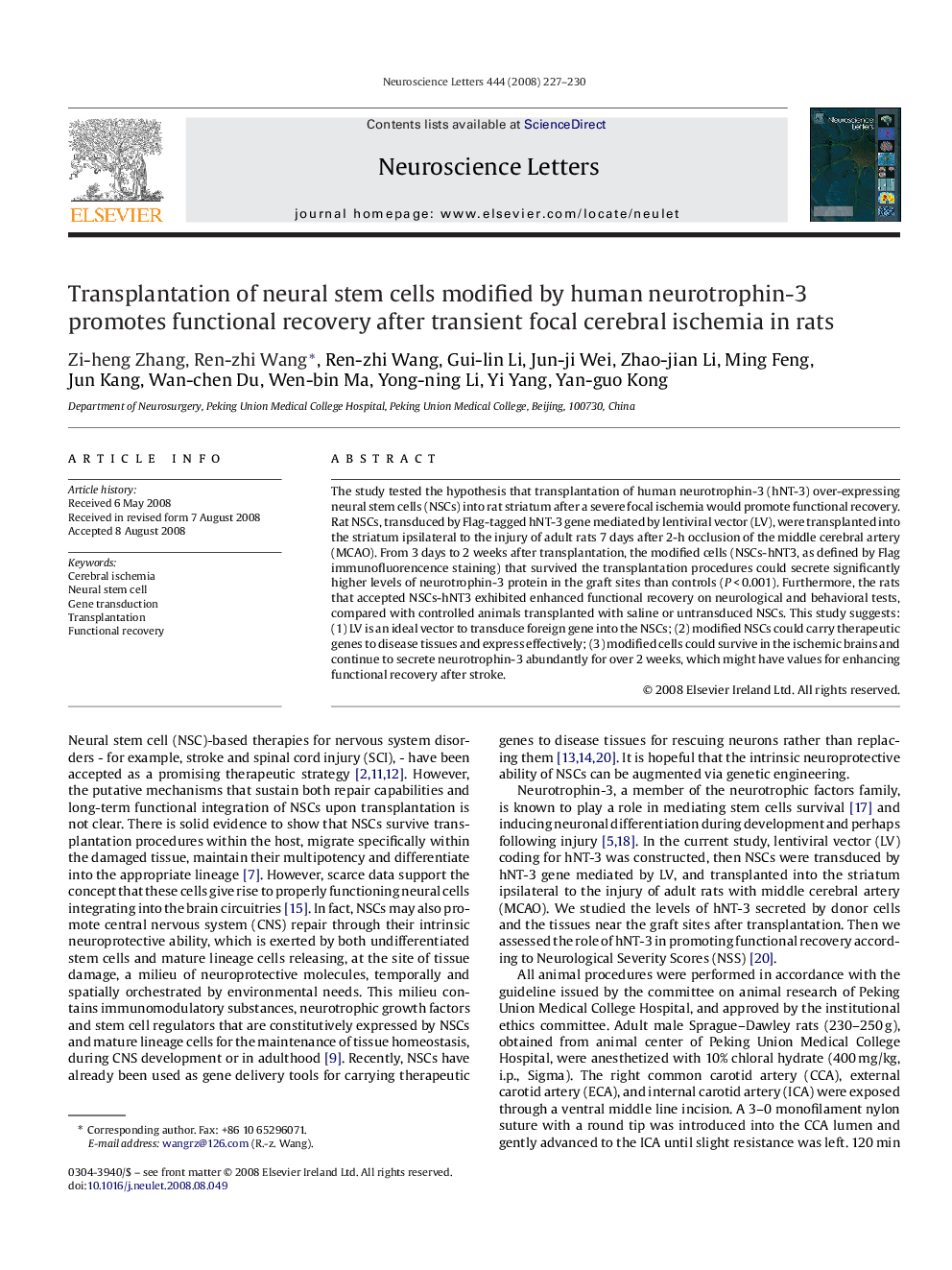 Transplantation of neural stem cells modified by human neurotrophin-3 promotes functional recovery after transient focal cerebral ischemia in rats