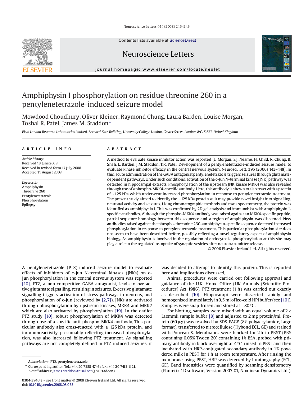 Amphiphysin I phosphorylation on residue threonine 260 in a pentylenetetrazole-induced seizure model