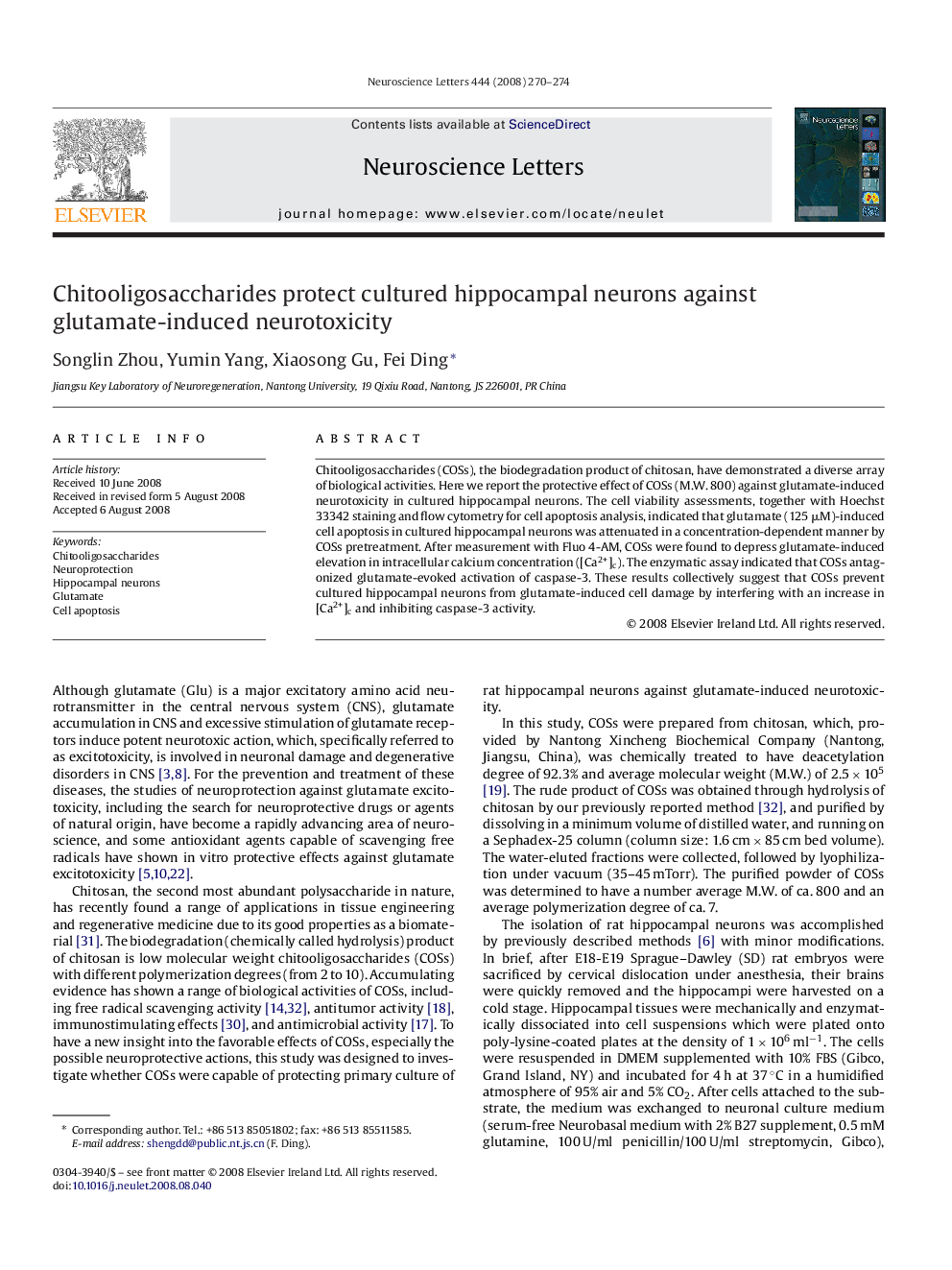 Chitooligosaccharides protect cultured hippocampal neurons against glutamate-induced neurotoxicity