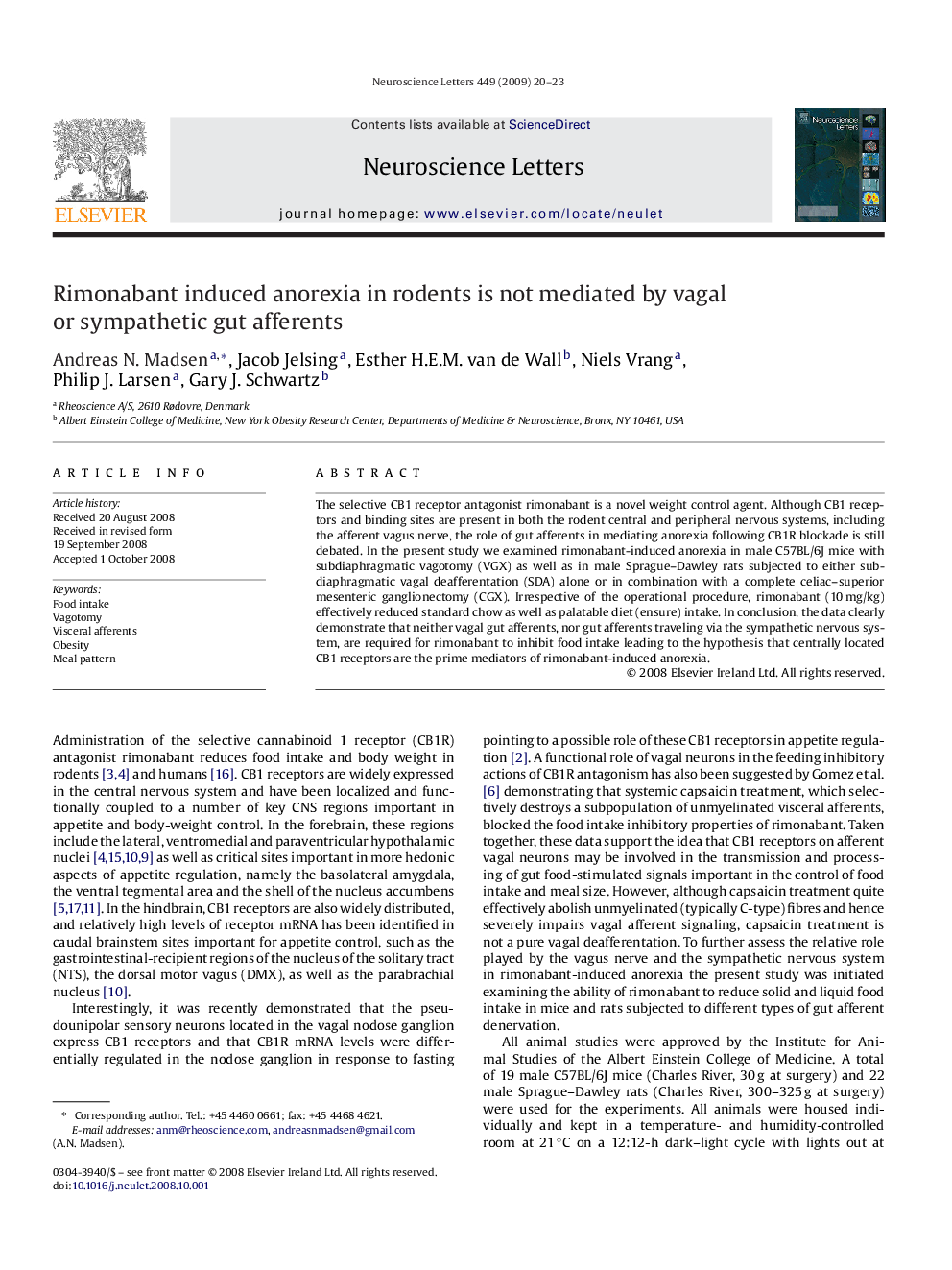 Rimonabant induced anorexia in rodents is not mediated by vagal or sympathetic gut afferents